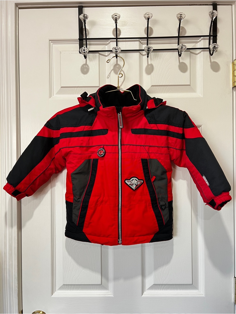 OBERMEYER Jacket Boys Red Gray Black Winter Snow Ski Hooded Jacket Sz 3 Toddler